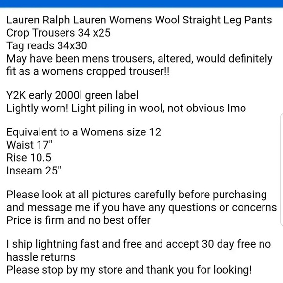 Lauren Ralph Lauren LRL Wool Black baggy cropped Trousers size 34x25 - Picture 8 of 8